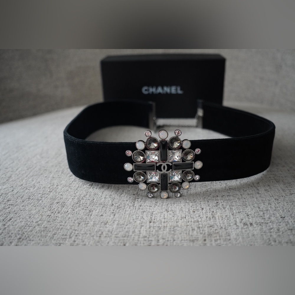 CHANEL Black Velvet Belt with Crystal Accents
